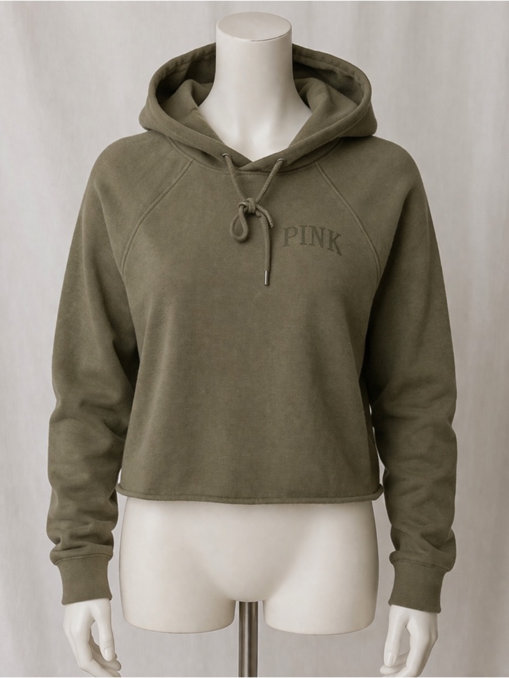 PINK Victoria’s Secret Cropped Hoodie Women’s Large Olive Green Logo Sweatshirt